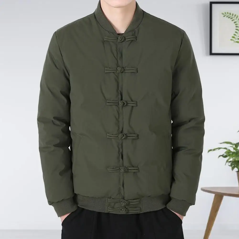 Windproof Jacket Chinese Style Mid-aged Men's Winter Coat with Stand Collar Knot Buttons Thick Smooth Windproof Chinese Style