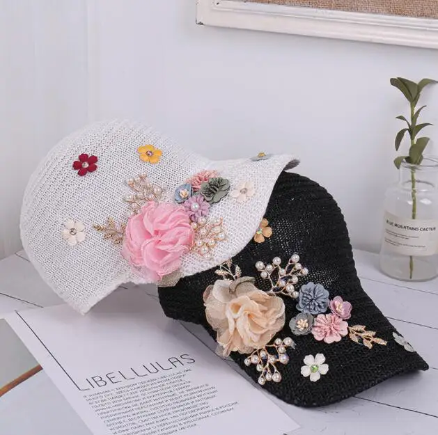 

Knitted breathable rhinestone flower shade hat spring and summer outdoor sunscreen baseball cap net red peaked sun hat