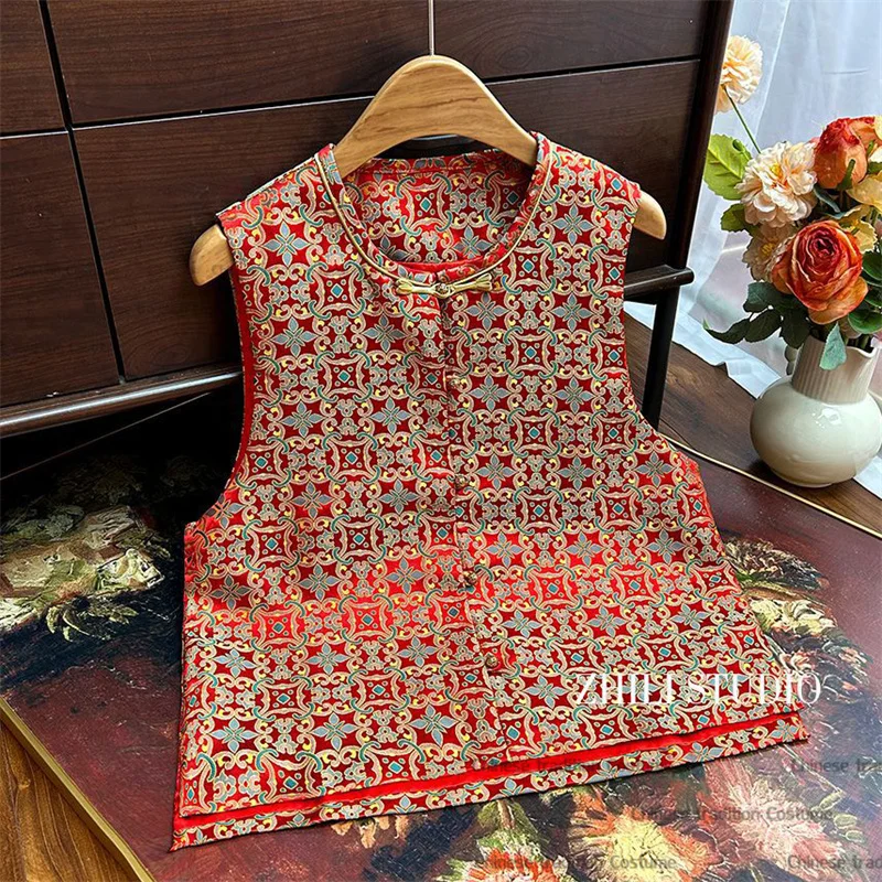 Vintage O-Neck Chinese Style Vest Silk Brocade Jacquard Hanfu Qipao Top Women Elegant Outwear Sleeveless Cheongsam Tang Clothes