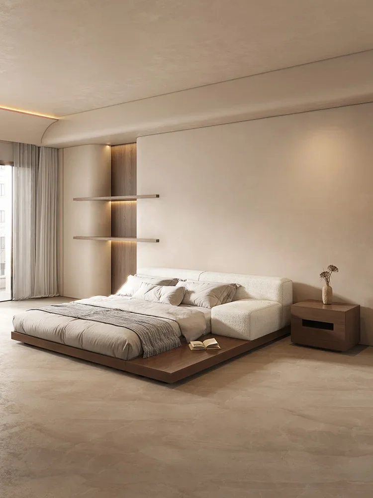 

Modern and Simple Nordic Style Quiet Wind Tatami Bed Master Bedroom Floor to Floor Tread Rice