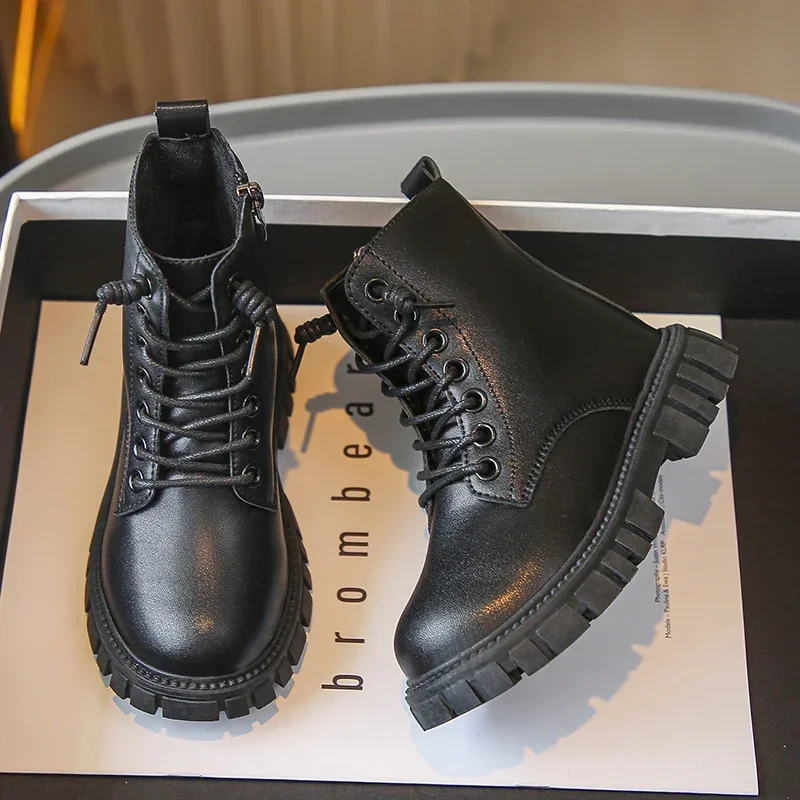 Spring Autumn Girls Ankle Boots Fashion School Kids Leather Boots Thick Bottom Non-slip Children's Platform Causal Boots Black