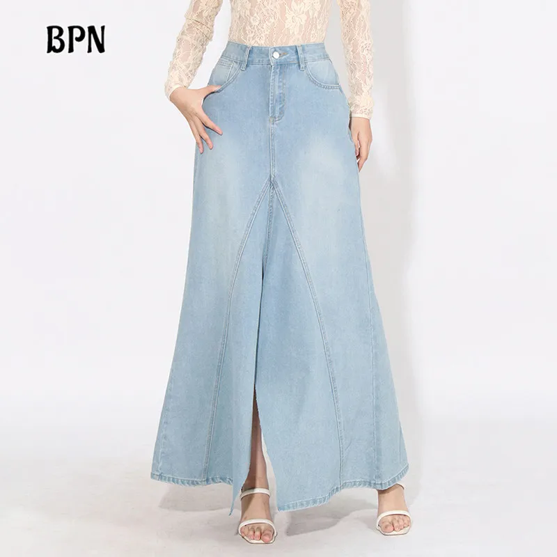 

BPN Minimalist Solid Skirts For Women High Wiast Patchwork Pockets Slimming Split Minimalist A Line Denim Skirt Female New Style