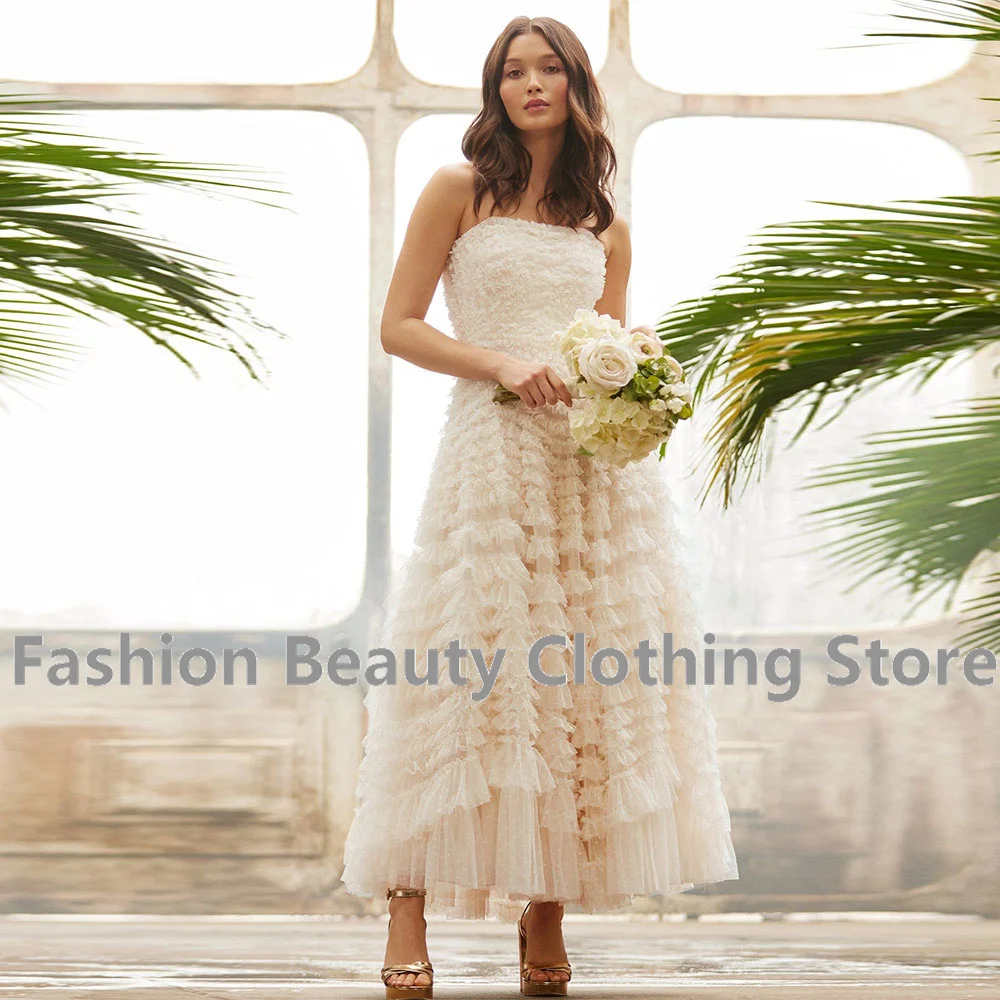 

Beige A-Line Evening Dress Tiered Strapless Women Beautiful Ankle-Length Backless Zipper Vestidos Para Mujer Elegantes Y Bonitos