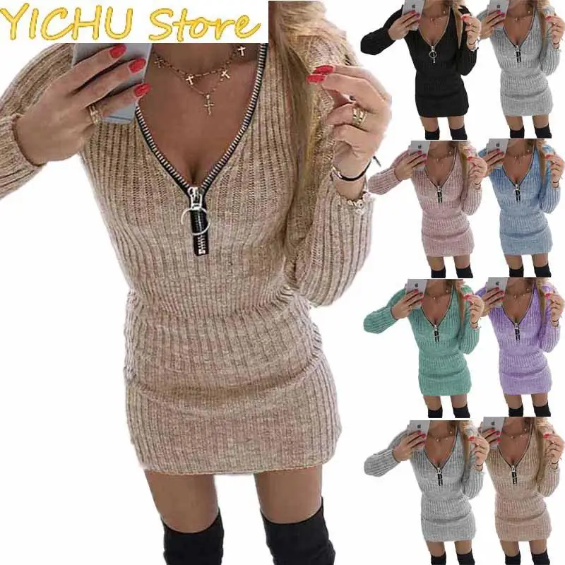 

New Women's Autumn Winter With Zipper High Waist Long Sleeve Knitted Buttock Street Clothes Lady Half Classics Wear Dress S-5XL