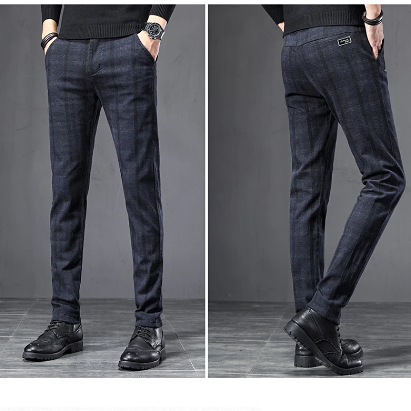 

2024 New Spring England Plaid Work Stretch Pants Men Cotton Business Fashion Slim Grey Blue Casual Pant Male Brand Trouser 38