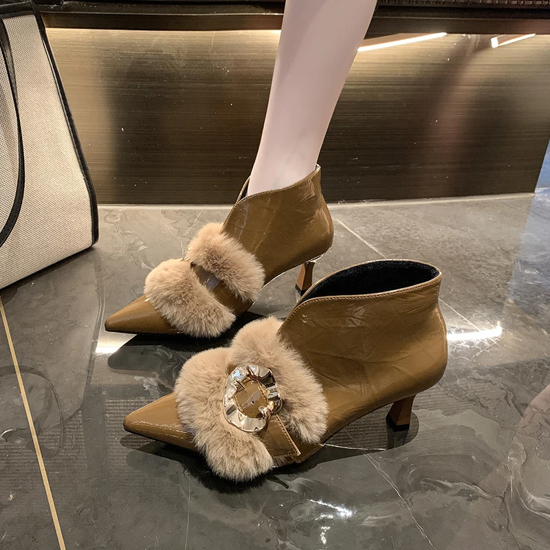 Aphixta Furry Metal Buckle Woman Ankle BootsThin Heels Zipper Short Plush Warm Woman Autumn Winter Shoes High Heels Modern Boots