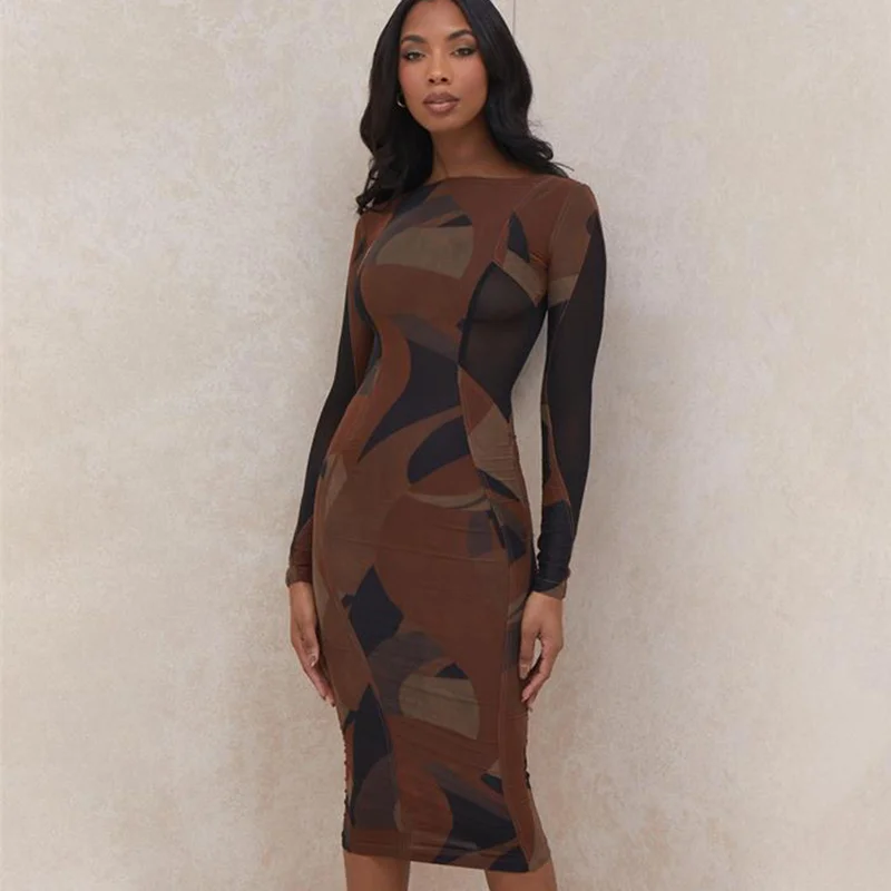 Womens Long Sleeve O-Neck Print Patchwork Mesh Skinny Madi Dress Fashion Women Sexy Party Club Clothings 2022 Spring Summer | Женская