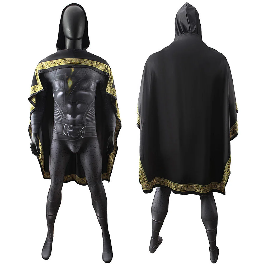 

Superhero Black Teth Adam Cosplay Costume 3D Spandex Printing Muscle Jumpsuit Cloak Armor Suit Halloween Props for Men Women Kid