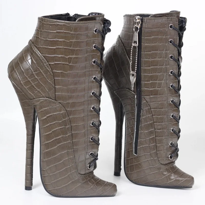 

CACA 18cm High Heels Women Fetish Ankle Boots,Men Stage Show Jazz Pole Dance Shoes, Crocodile Pattern Leather Exotic Booties,