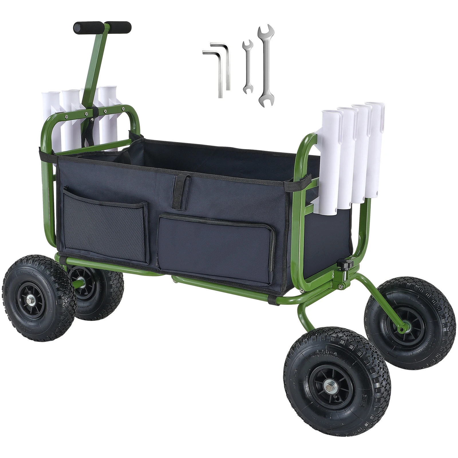 SucceBuy 300lbs Beach Fishing Cart Fish Marine Foldable Cart with 4 11" Wheels 8 Rod Holders Pier Wagon Trolley for Sand Picnic