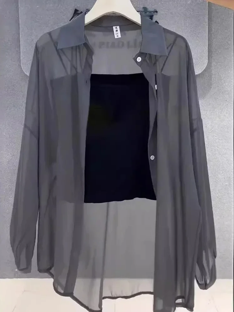 Plus Size Women’s Tops 2025 Summer Breathable and Sun-Proof Ice Silk Button Thin Loose Sheer Chiffon Blouses Shirts Long Sleeve