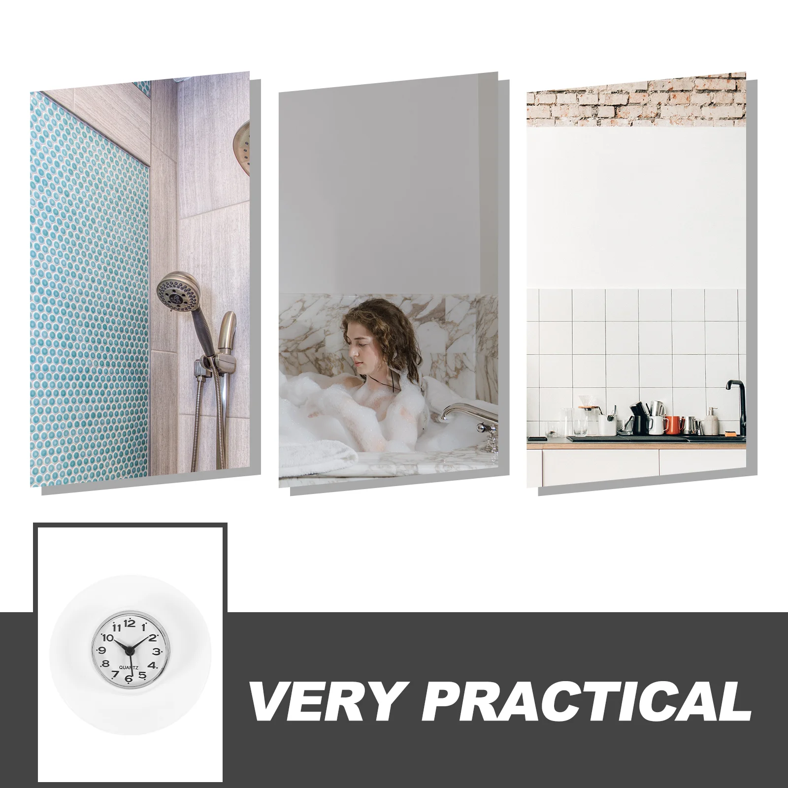 White Bathroom Clock With Suction Cup Waterproof Small Wall Clocks For Living Room Home Decor Modern Shower Clock Glass Mirror