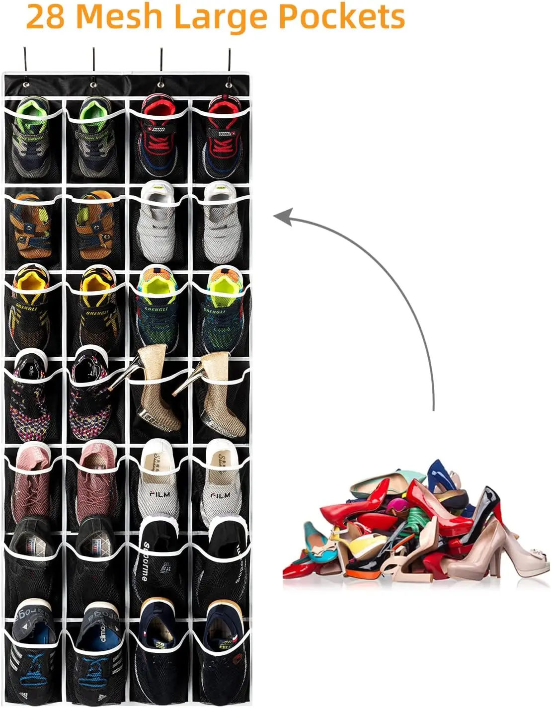 28Pocket Over-the-Door Shoe Organizer Large Capacity Hanging Shoe Rack with 4 Metal Hooks for Storage Holder