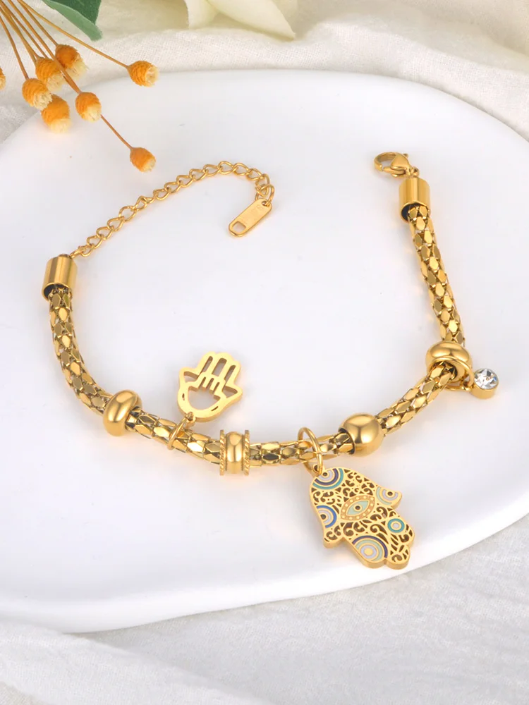 316L Stainless Steel Fatima Hand Charm Bangle Bracelet for Women B23088