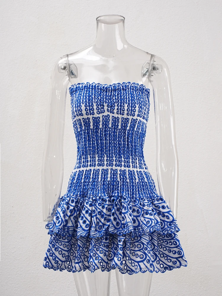 Elegant Embroidery Cut Out Woman Mini Dress Strapless Off Shoulder High Waist Vestidos Female Clothing 2025 Summer 23A430