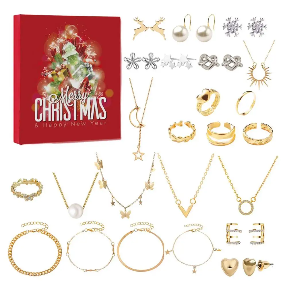 thumbnail image 1 of Calendario de Adviento 2024 Calendario de Adviento con Cuenta Regresiva para Navidad Joyero 8 Aretes 6 Anillos 6 Collares 4 Pulseras Regalos para Niñas, 1 of 5