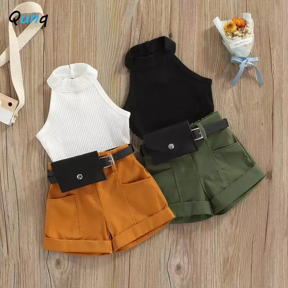 

Qunq 2023 Summer New Girls Hanging Neck Pit Strip Cest Top + Shorts And Fanny Pack 3 Pieces Set Casual Kids Clothes Age 3T-8T