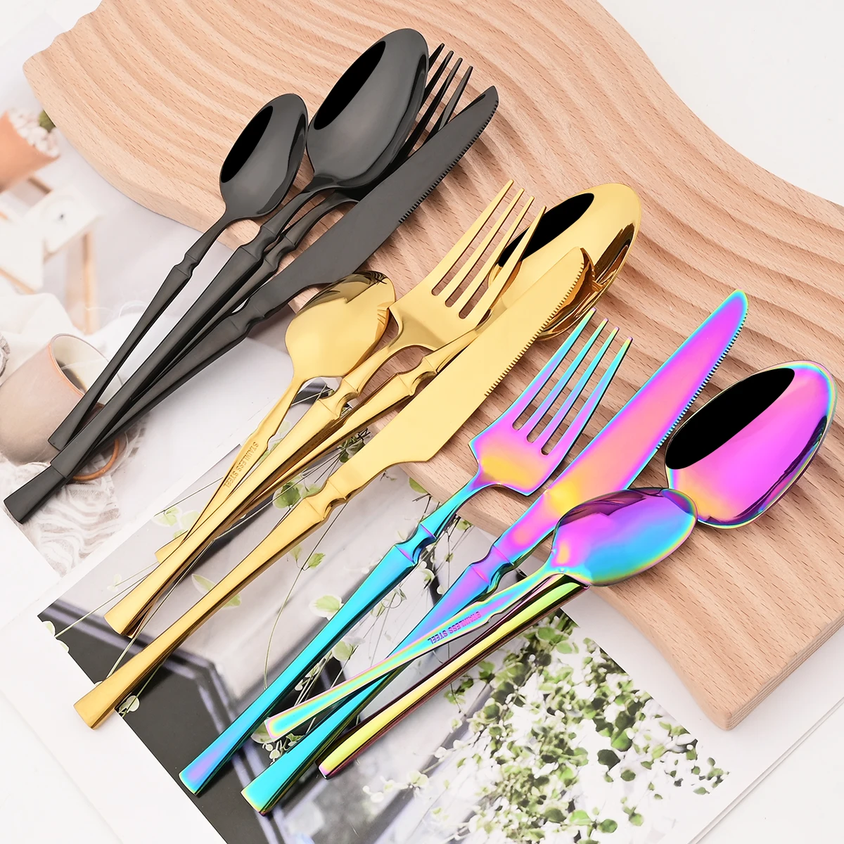 

24Pcs Retro Black Dinnerware Set Knife Fork Tea Spoons Cutlery Set Stainless Steel Flatware Tableware Western Kitchen Silverware