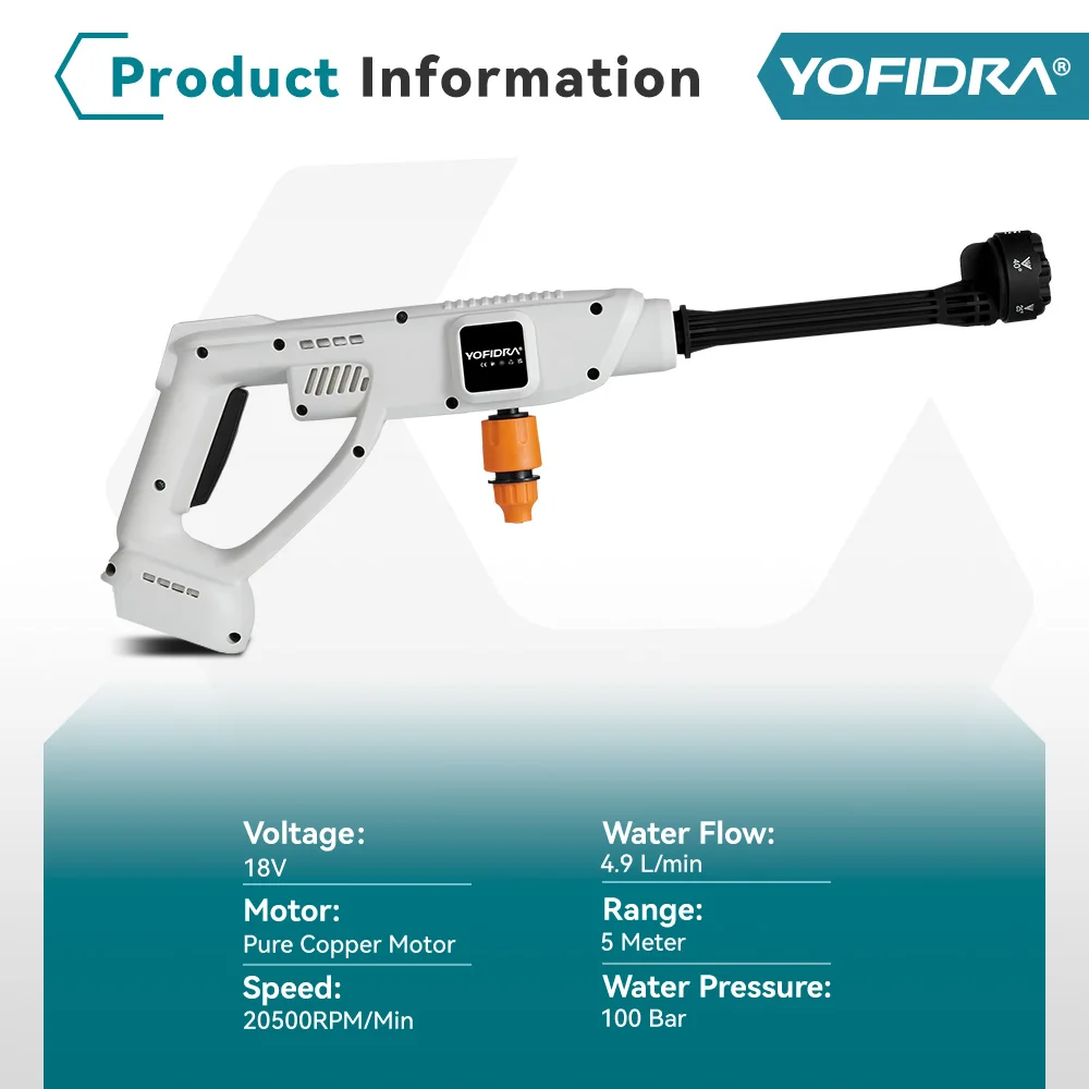 YOFIDRA Electric 6-In-1 High Pressure Car Washer Gun Cordless 100Bar Home Garden Cleaning Water Spray Gun for Makita 18V Battery 5