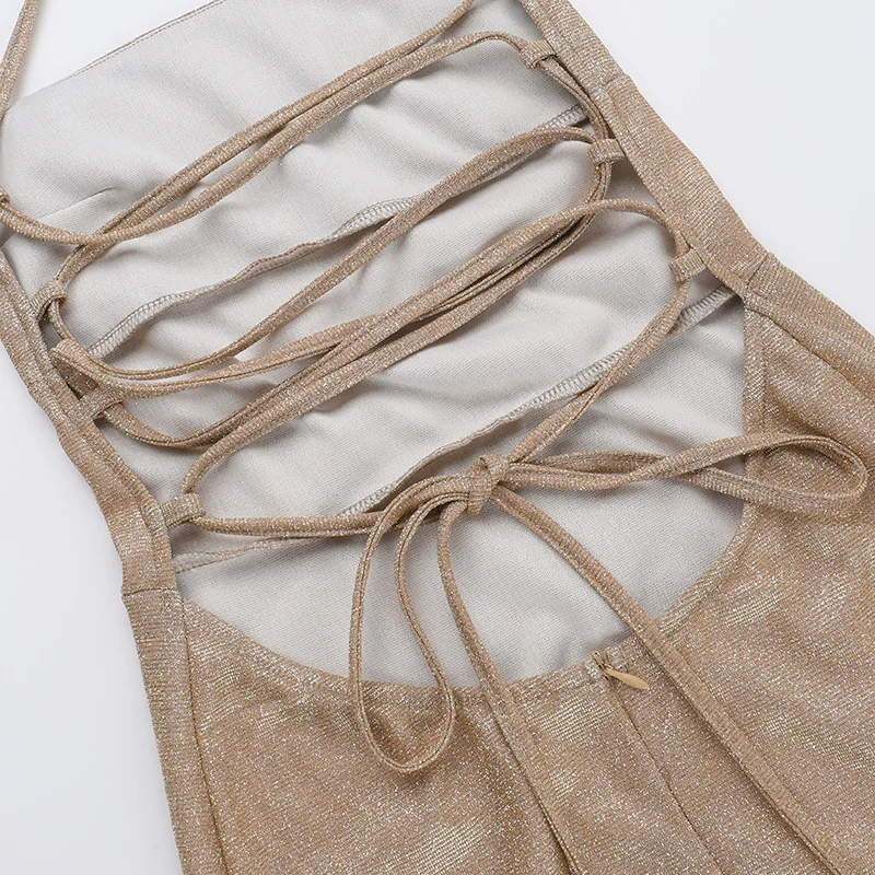 Glitter Backless Fashion Long Dress Women's Bandage Sexy Autumn Slim Sparkle Lace-Up Dress Ladies Party Dress Solid