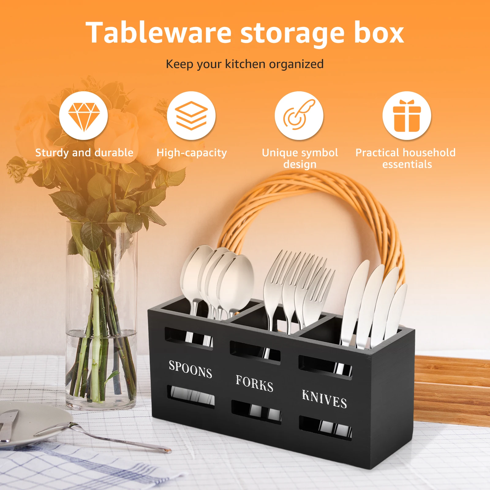 Silverware Caddy Wood Utensil Caddy with 3 Compartments Large Capacity Kitchen Multipurpose Flatware Caddy for Fork Spoon Cutter 5