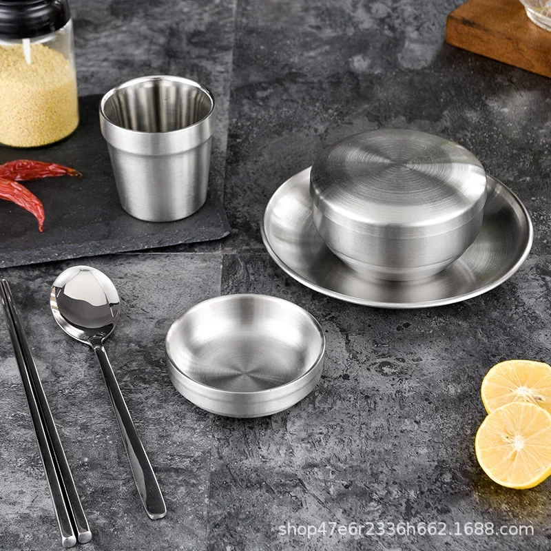 6Pcs Stainless Steel Korean Tableware Set Barbecue Restaurant Cup Spoon Chopsticks Dinner Plate