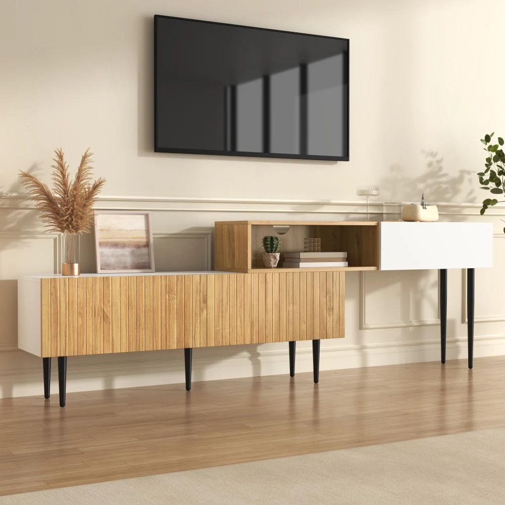 PINGGO Modernes TV-Möbel 2-teiliges Set Verstellbare Länge Holzoptik Weiß Matt Finish Schwarze Metallbeine Multifunktionale Aufbewahrung – Detail 4