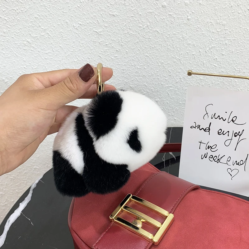 2022 New In Panda Real Rabbit Fur Handmade Cute Key Chain Keychains Bag Accessory Car Keychain Gift Keyrings Gifts Handmade