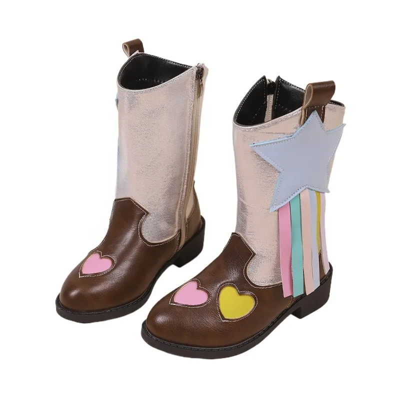 Girls High Boots Bohemian Style Kids Princess Riding Boots Side Zipper 2025 Autumn Winter New Children Mid-calf Boots Versatile