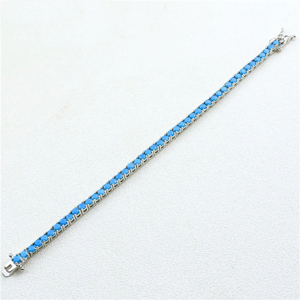 순수 실버 15-21 cm 테니스 팔찌 포장 3 mm 청록색 블루 스톤 아름다운 진짜 925 보석 여성/남성