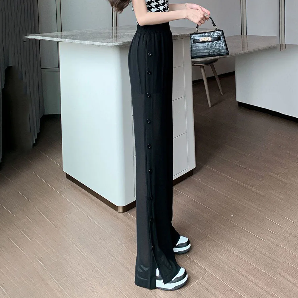 Lce Silk Wide-leg Pants Women's Thin Summer Pants With High Waist Drooping Feeling Slim Chiffon Loose Straight Slit Pants Women.