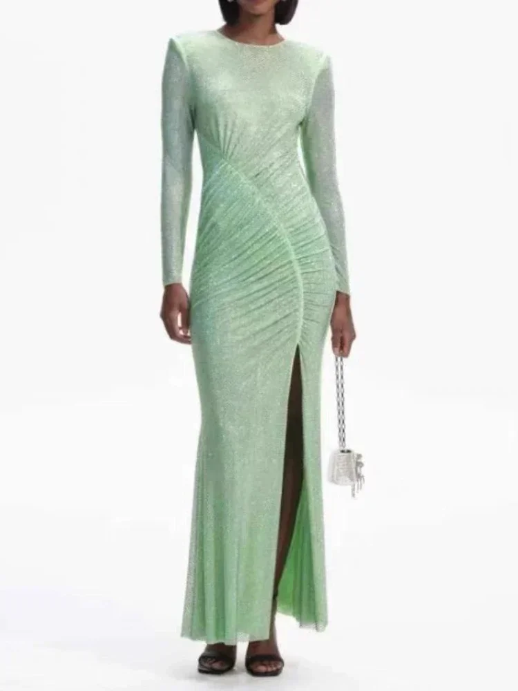 

2024 New Arrivals Sexy Clothes Club Collection Women Diamonds Pressed Side Slit Long Sleeve Green Rose Red Maxi Dress