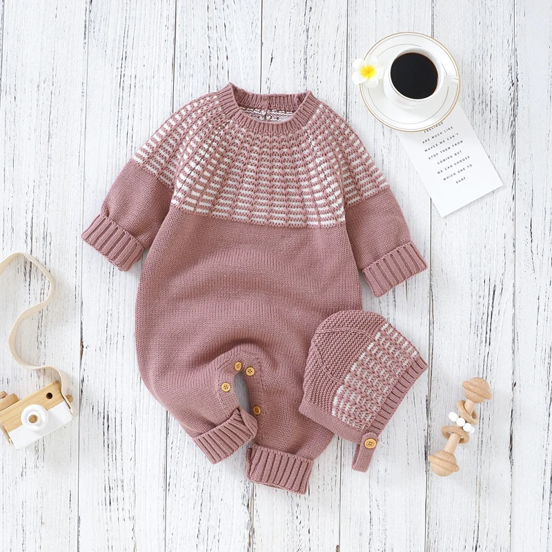 

Baby Rompers Knitted Newborn Girls Boys Jumpsuit Outfits Long Sleeve Autumn Infant Kids Clothing Hat 2PC Onesies 0-18M Playsuit