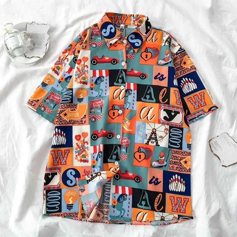 Men Street Fashion Summer Daily Shirt Hawaiian Cartoon Print Casual Loose Shirts Short Sleeve Beach Loose Tops 2