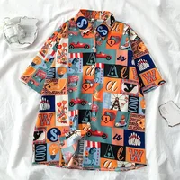 Men Street Fashion Summer Daily Shirt Hawaiian Cartoon Print Casual Loose Shirts Short Sleeve Beach Loose Tops 2