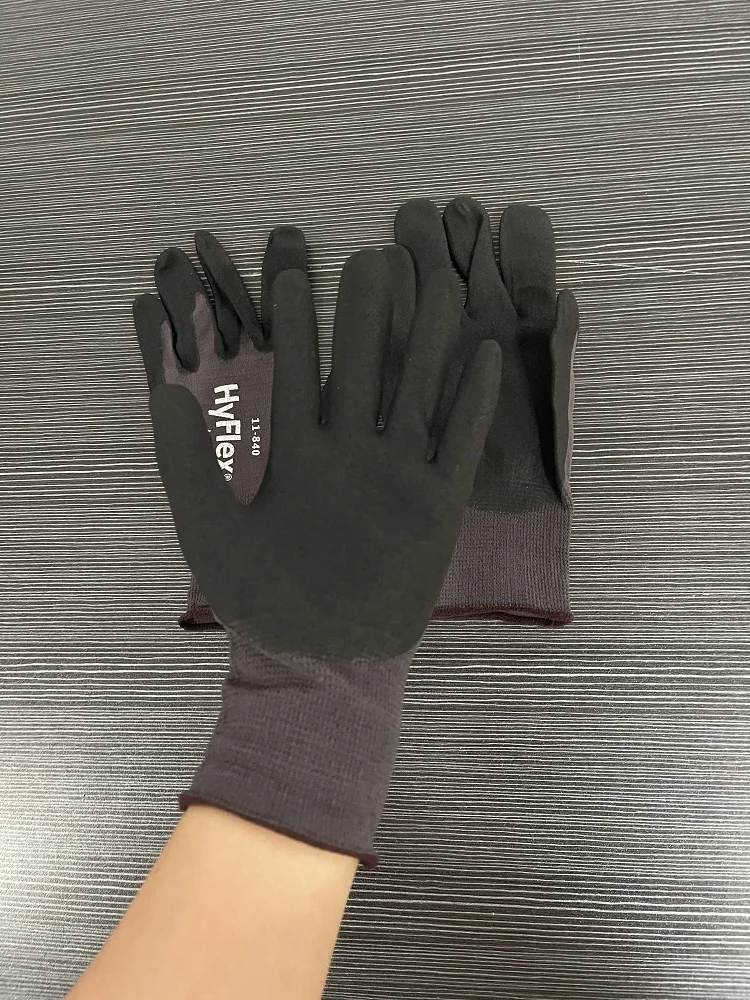 Ansell HYFLEX&reg; 11-840(1 pair) Black Fotix wear-resistant foam nitrile palm coating black nylon lining anti contact heat level 1 work gloves,nitrile gloves,protective gloves