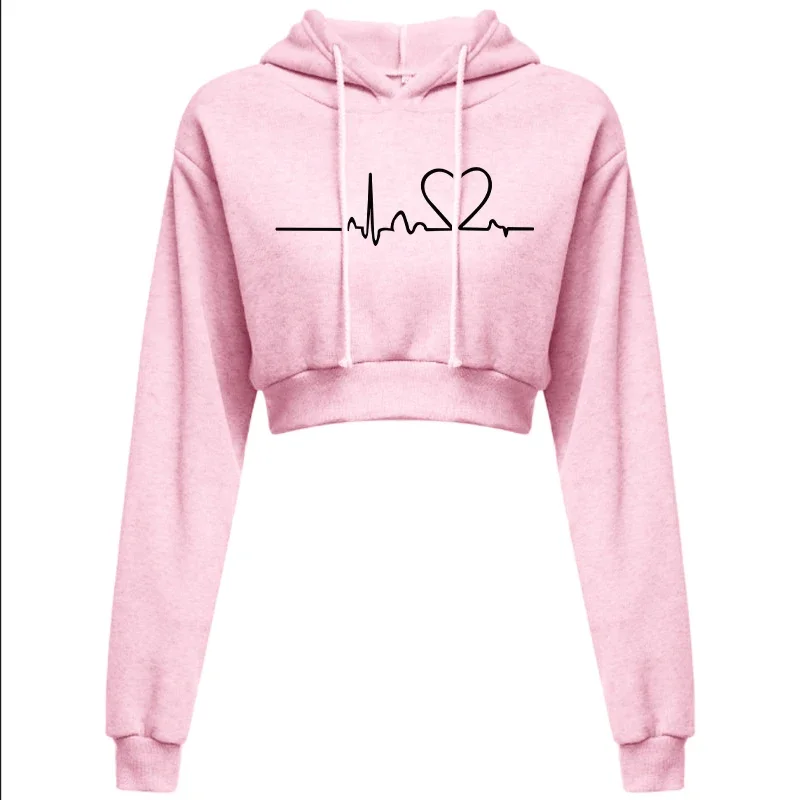 

Spring Autumn Women's Hooded Sweaters Hoodies Solid Color Long Sleeve ECG Prited Cropped Fashion Ladies Hooded Pullover