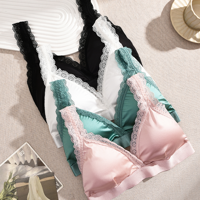 FINETOO 1Pcs Silk Lace Wireless French Triangle Cup Bralette Underwear Set Knitted Velvet Romantc Summer Thin Style Home Clothes