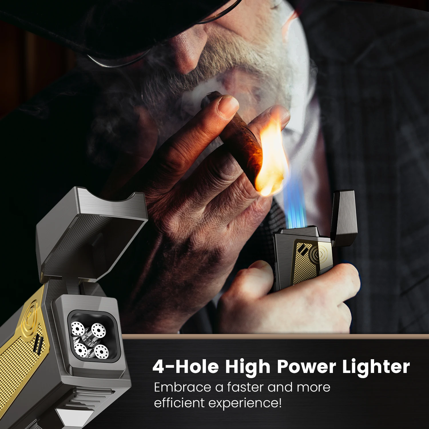 All-in-one Cigar Lighter with Quad Jet Torch Flames Cigar Stand Punch Draw Enhancer Accessories 4-in-1