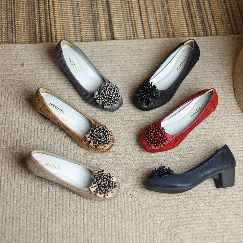 Classic Bow Flower Beaded Printed Genuine Leather Shoes Women High Heel Shoes Fashion All-match Soft Sole Plus Size 2