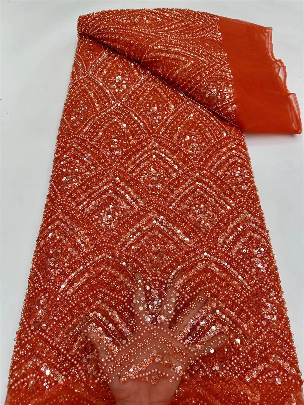 

Orange African Handmade Beaded Tulle Lace Fabric 2024 High Quality 3D Sequin French Luxury Fabric for Bridal Wedding Party A19-2