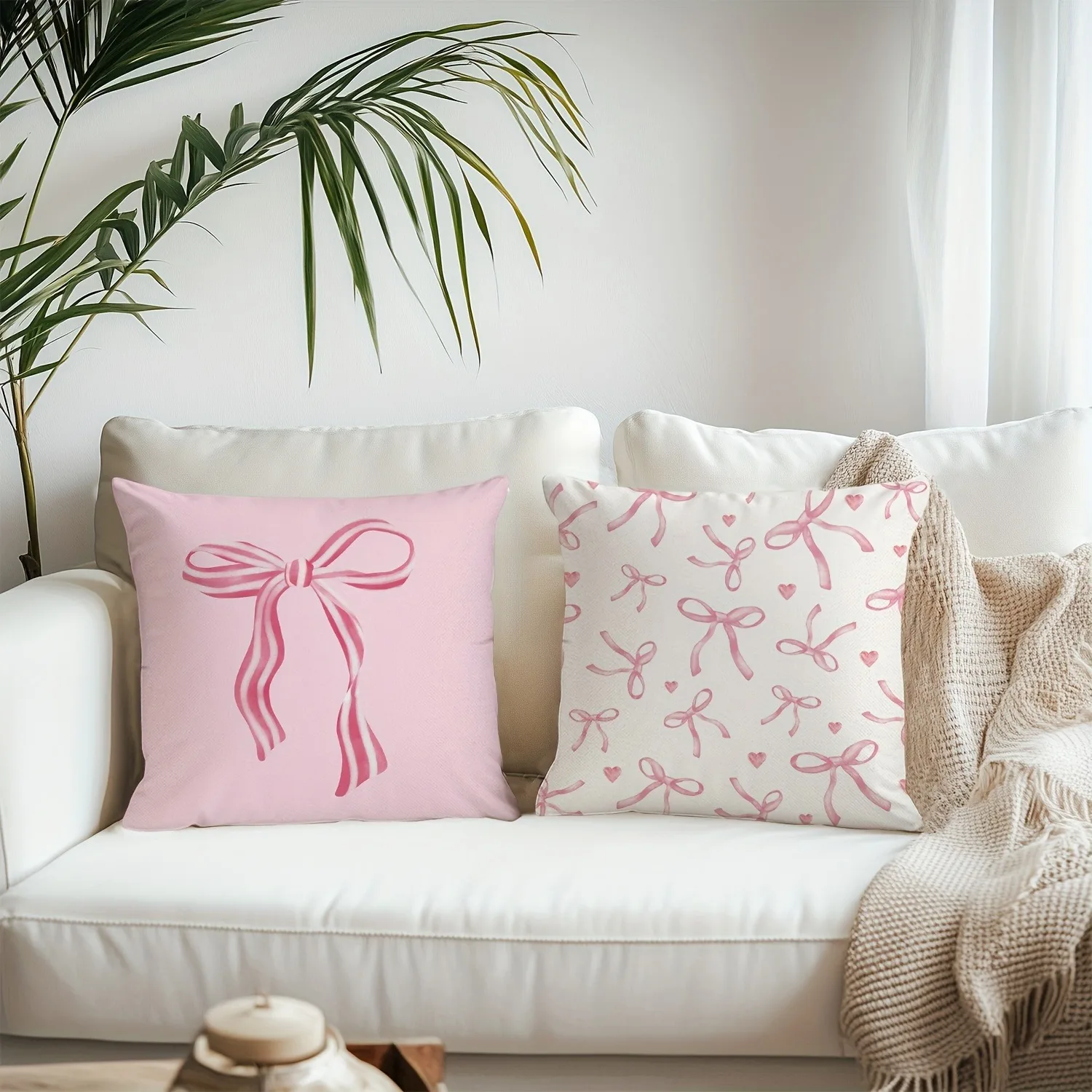 Pink bow cherry pattern printed pillowcase, soft and comfortable, sofa cushion cover, suitable for all kinds of rooms and places 3