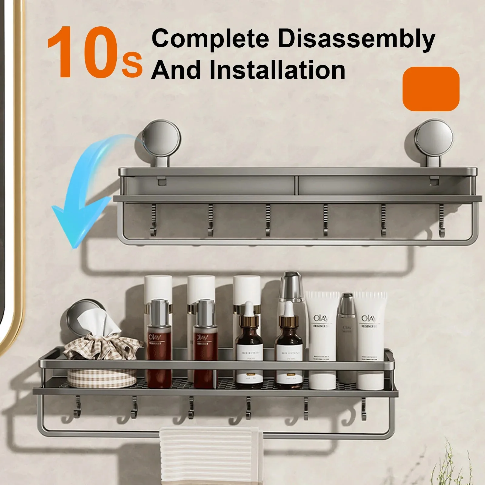Bathroom Shelf Suction Cup Shampoo Holder Makeup Storage Organizer Aluminum Shower Shelf Bathroom Organizer No Drill Wall Shelf 3