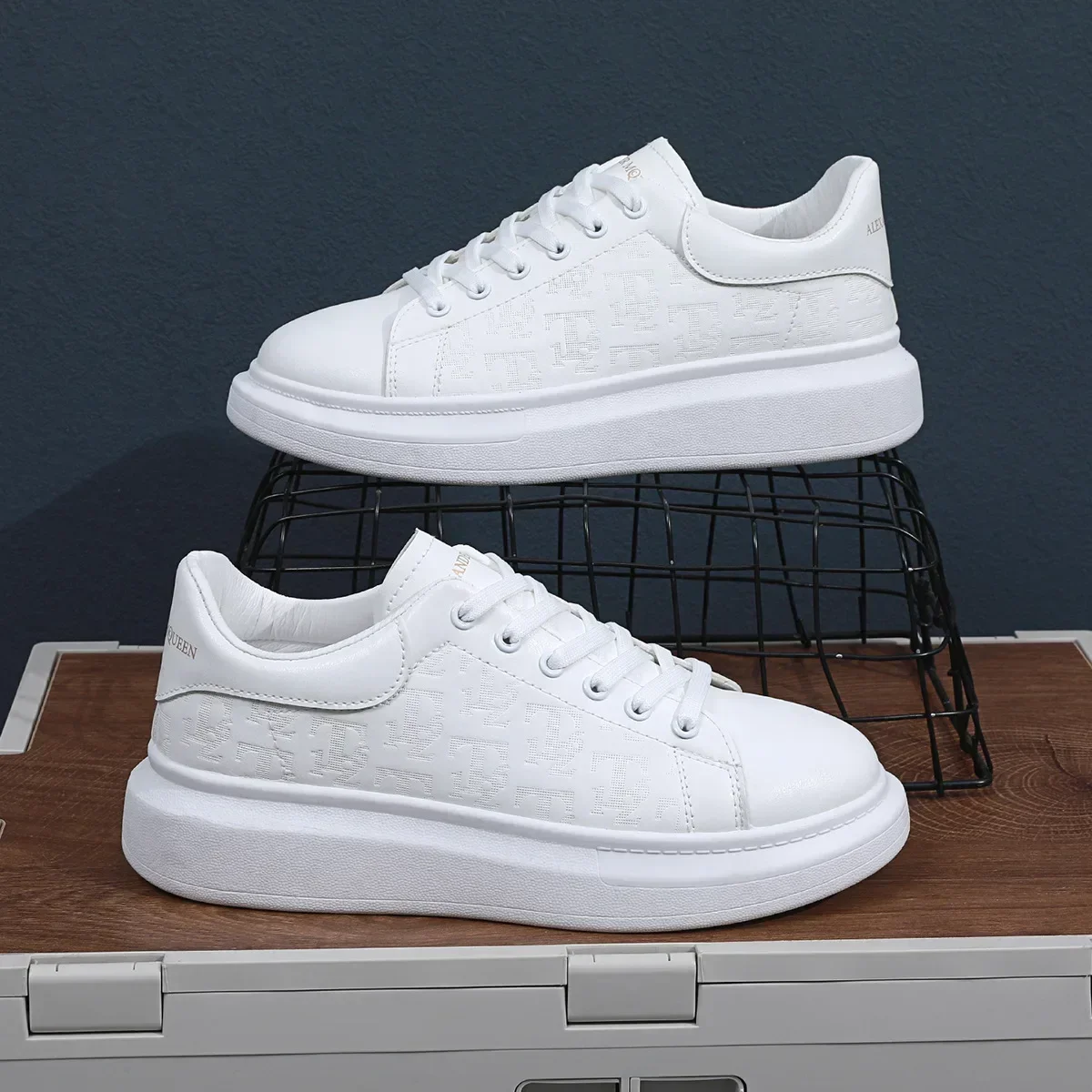 Leather Casual Shoes Men Lace-up Thick Sole Casual Sneakers Versatile Leather Muffin Shoes Elevated Male Board Footwear