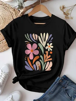 Artistic Floral Patch Graphic Chic Printed  Fresh Trendy Summer Short Sleeve Round Neck Tee Fashion Y2k Casual Tshirt Women 1