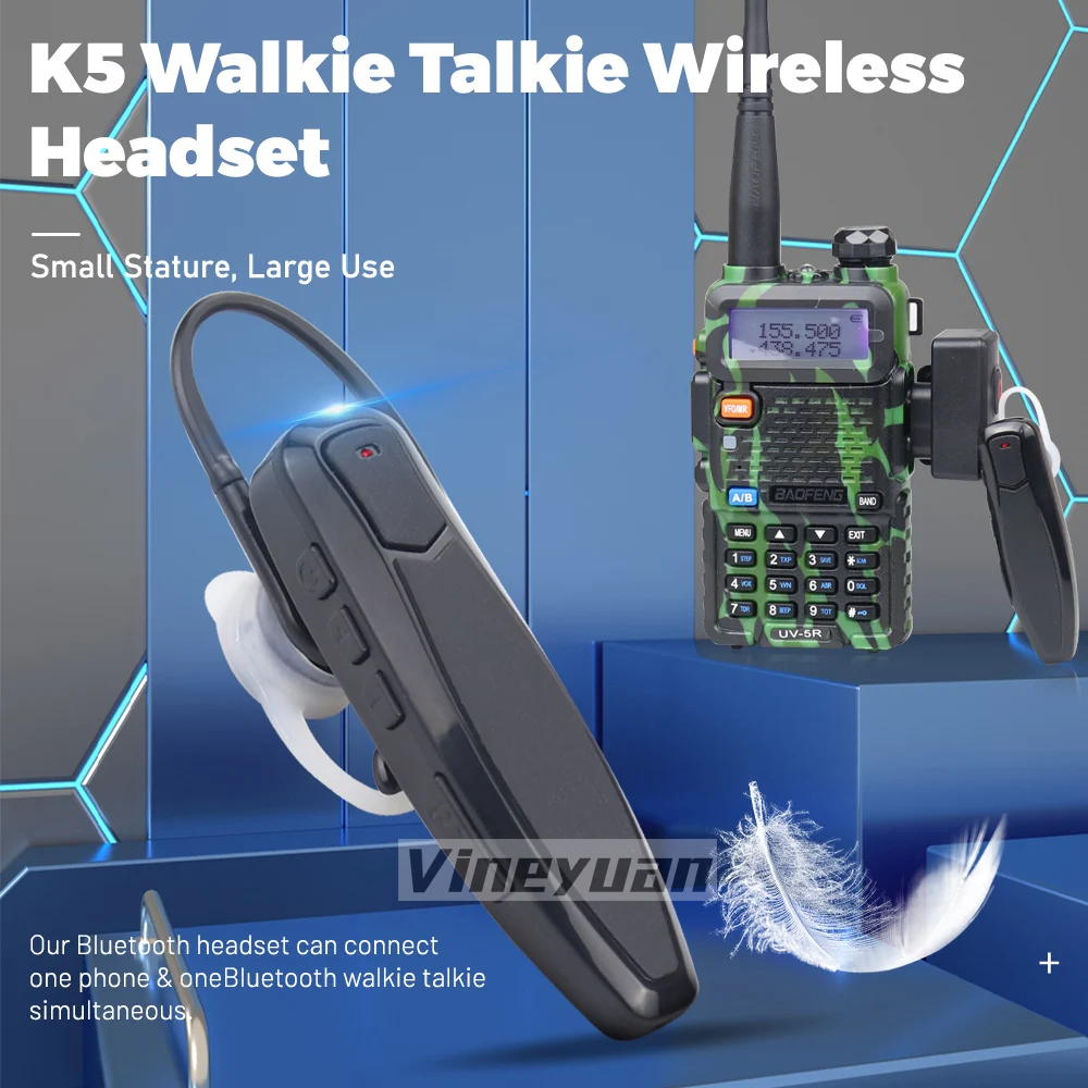 

K5 Walkie Talkie Wireless Bluetooth PTT Headset Earpiece Hands-Free K Plug For BAOFENG UV-5R BF-888S KENWOOD Microphone Headset