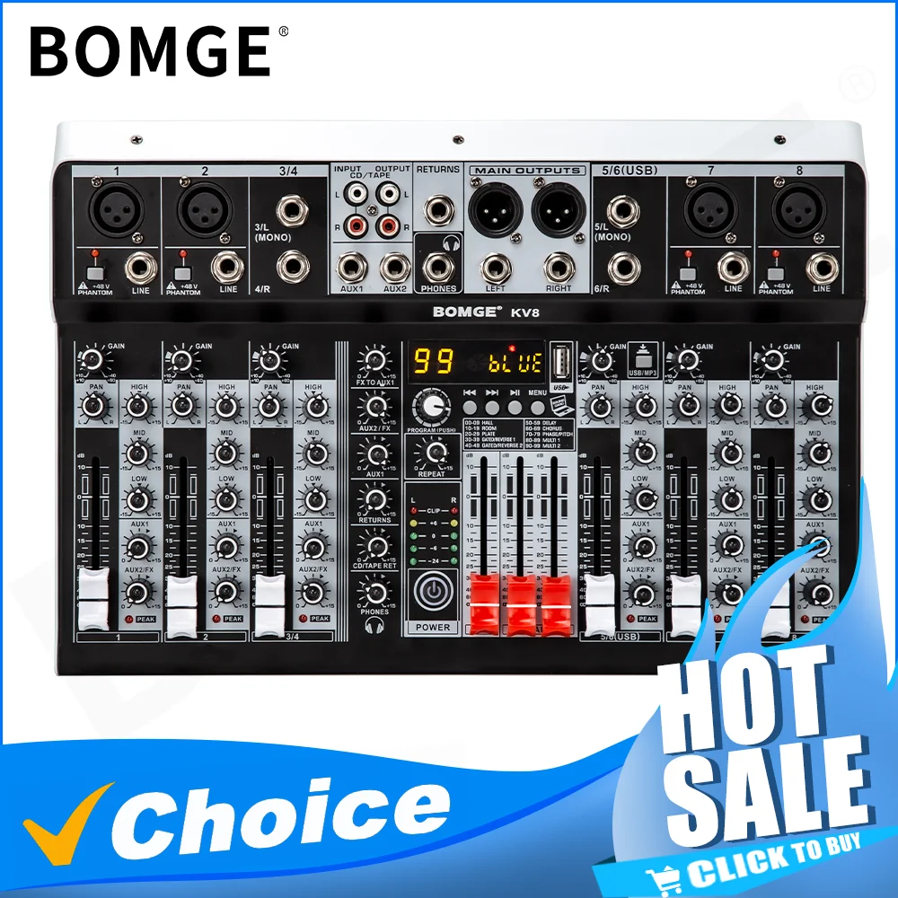 4 6 8 Channel Audio Mixer Sound Mixing Console with USB interface 99DSP 48V Phantom Power for Recording Streaming