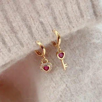 Red Heart Lock Hoop Earrings 1
