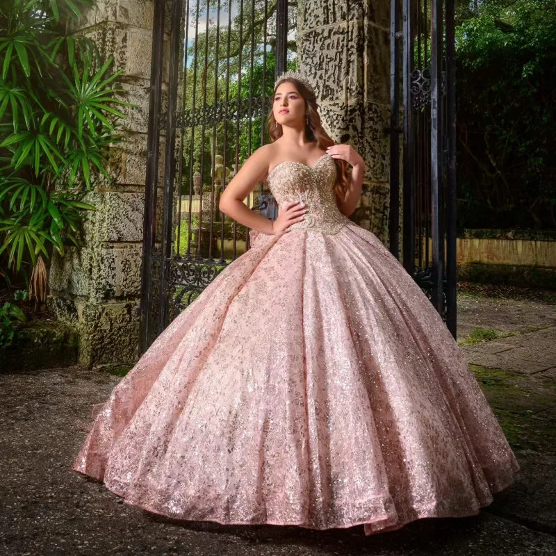 

Pink Shiny Sweetheart Ball Gown Quinceanera Dress Tulle Gold Appliques Crystal With Bow Off Shoulder Sweet 15 16 Years Birthday