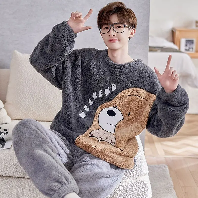 new pijama for men solid autumn winter sleepwear pajamas pyjamas set 3xl casual loose male homewear bedroom pj home clothes Bear Cartoon Cute Sleepwear L-3XL Plus Size Flannel Warm Pijama For Men 2023 New Winter Pajama Casual Male Homewear Home Clothes